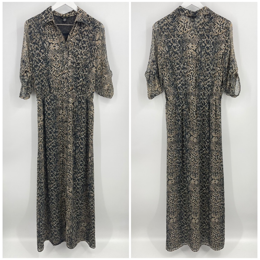 Moda International Snake Animal Print Black Tan Button Front Maxi Shirt Dress M - Picture 3 of 9